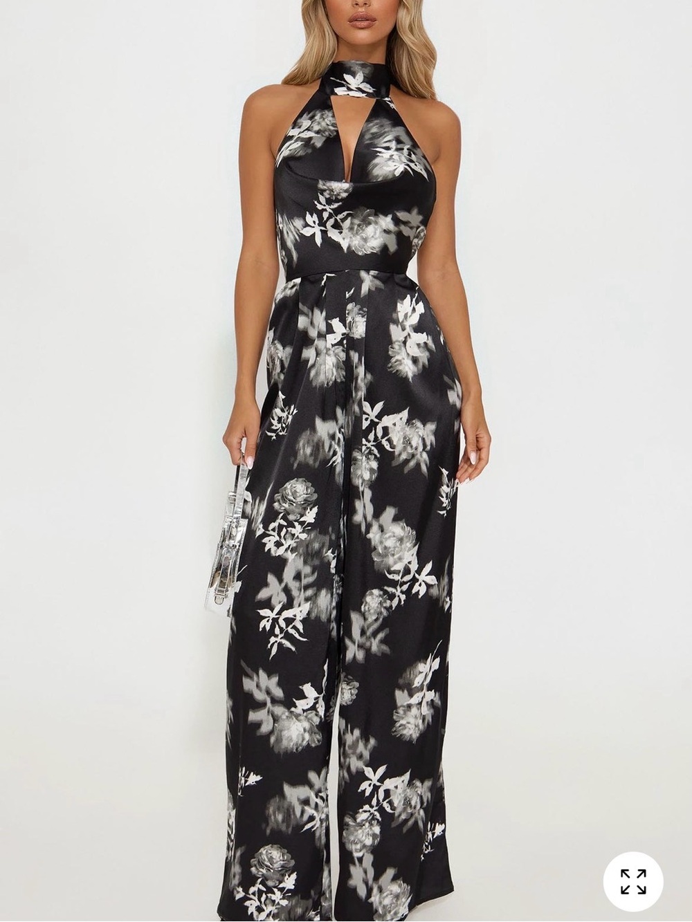 Floral Halter Wide-Leg Jumpsuit - Black & White